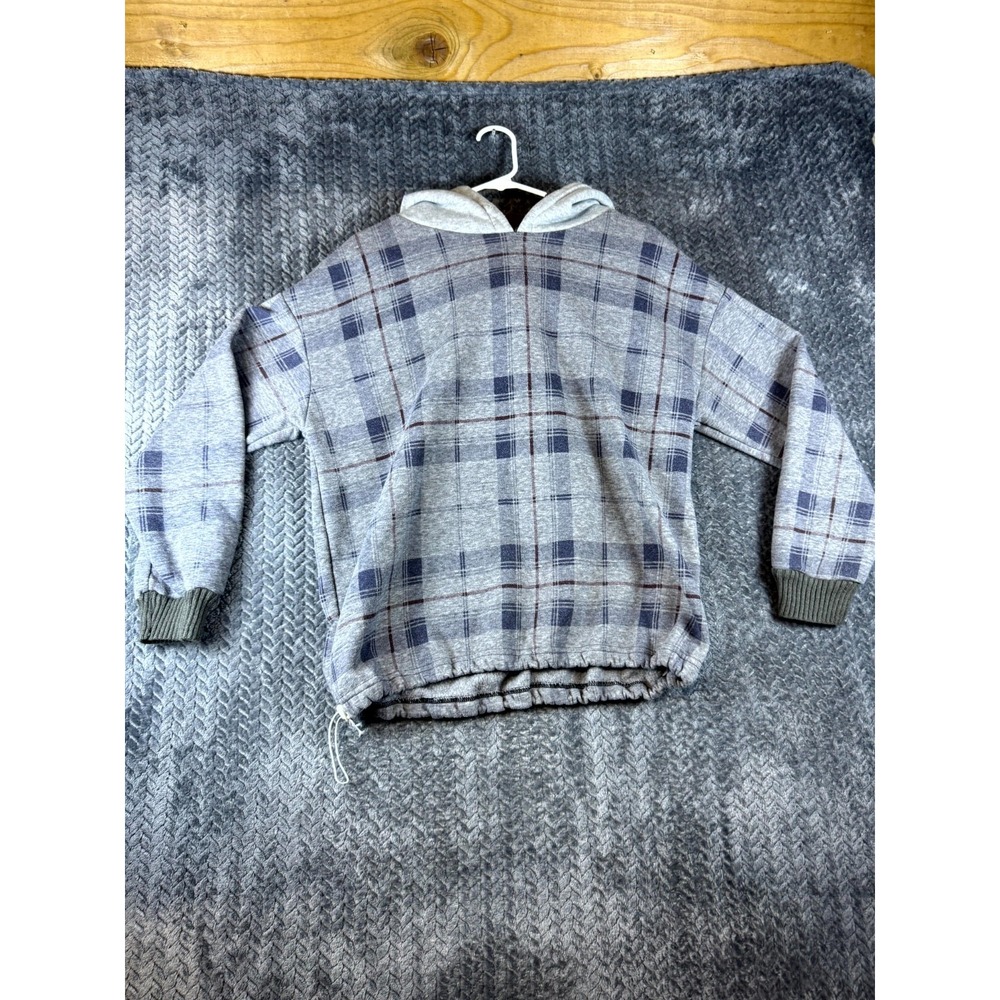 SHBL Popover Hoodie Womens XL Gray Plaid Drawcord Hem Fleece Lined Long Sleeve